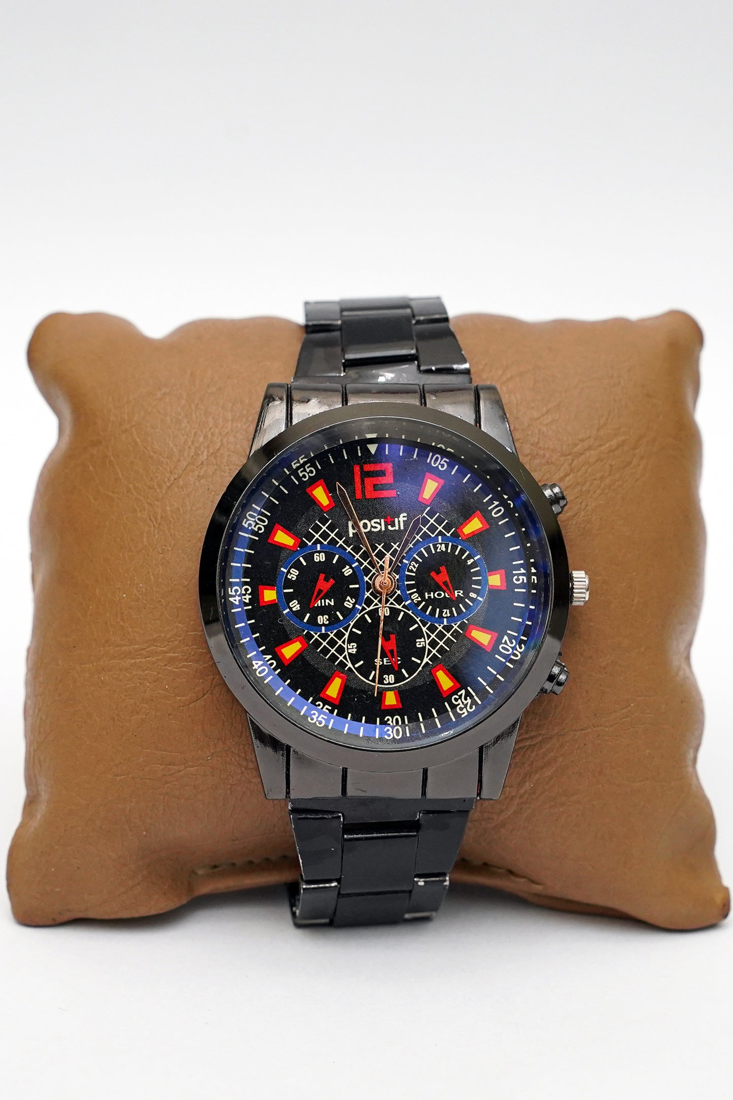 Sporty Black Men's Chronograph-Style Watch with Red Accents
