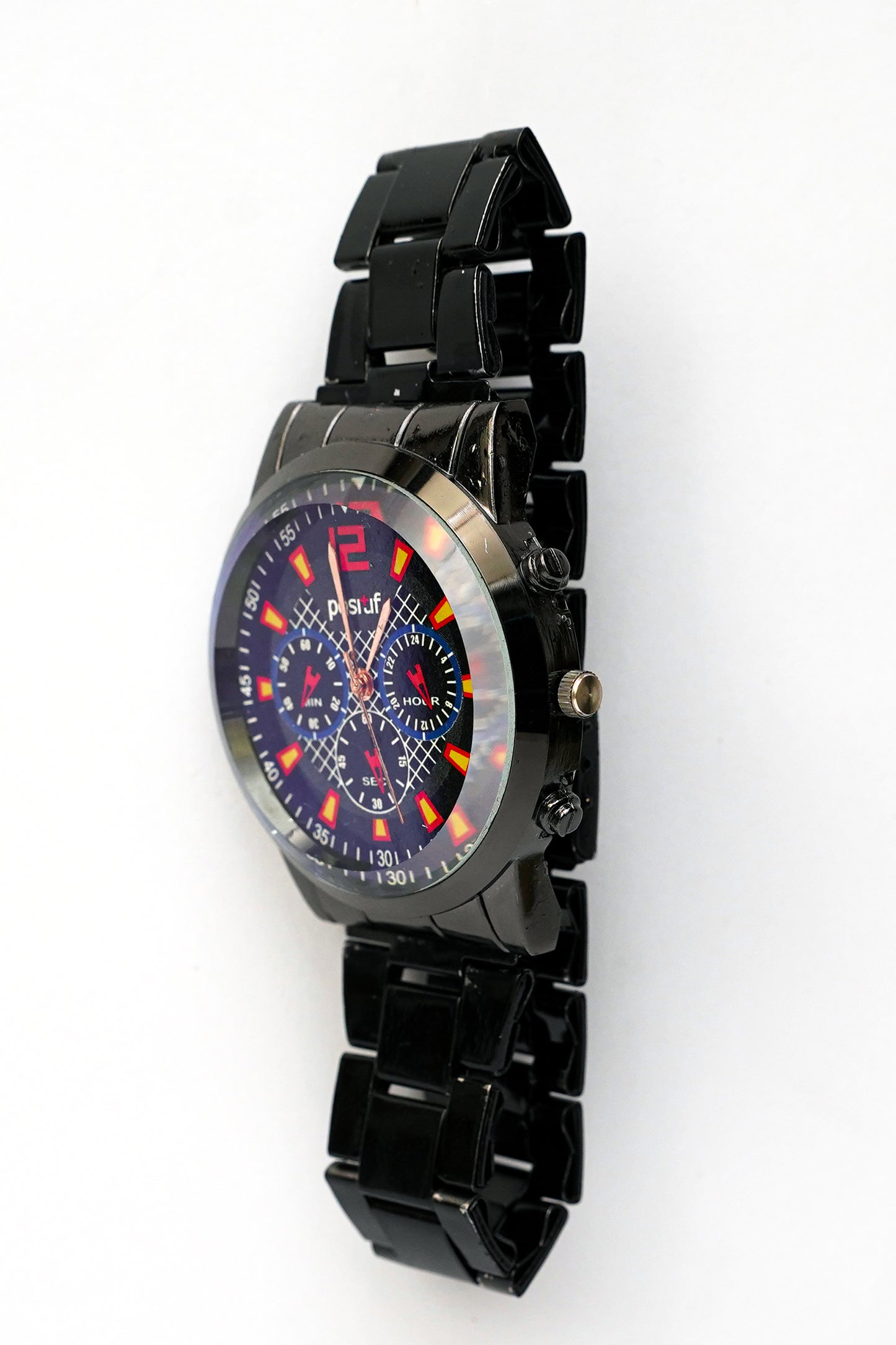 Sporty Black Men's Chronograph-Style Watch with Red Accents