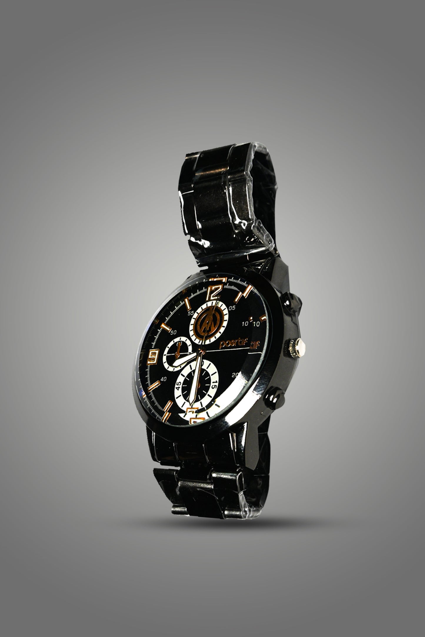 Stylish Black Metal Wristwatch with Chronograph Dial on Display