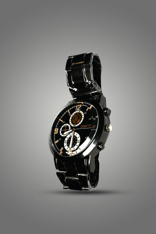 Stylish Black Metal Wristwatch with Chronograph Dial on Display