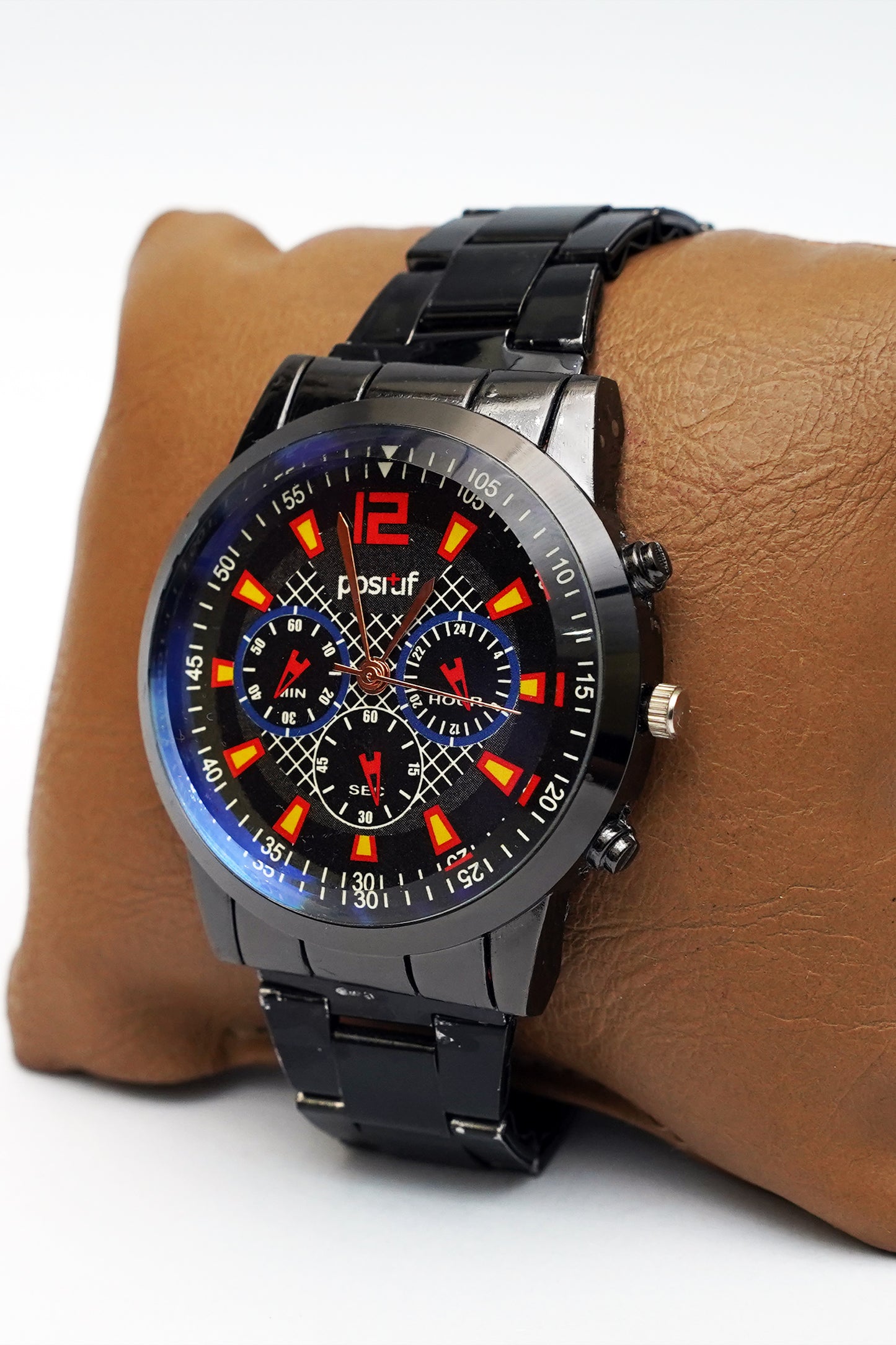 Sporty Black Men's Chronograph-Style Watch with Red Accents